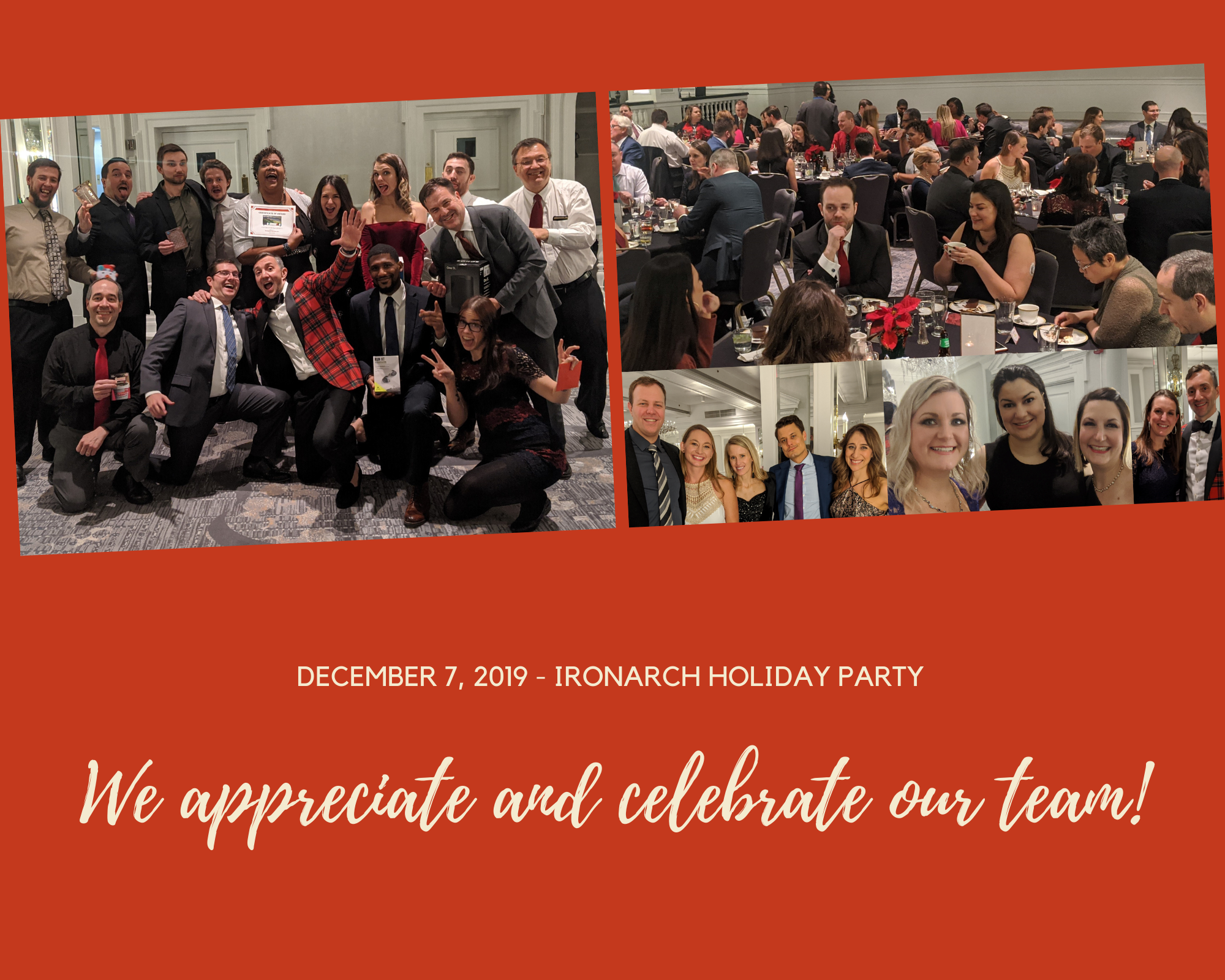 IronArch holiday party. Text reads: We appreciate and celebrate our team!